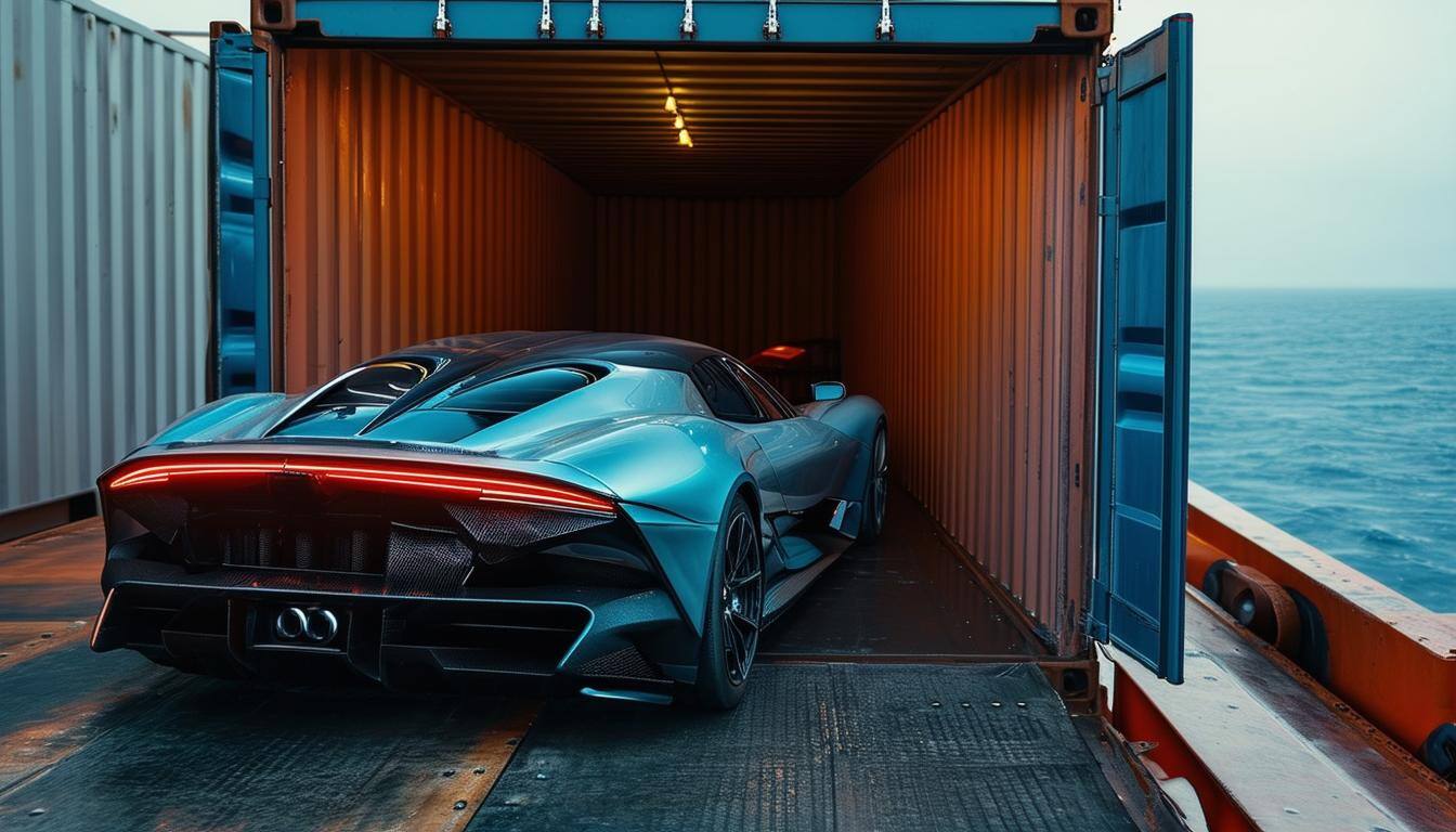a super car in an open shipping container, on an ocean container vessel, cinematic style