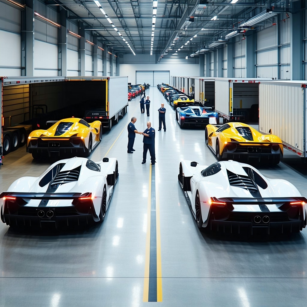 A hightech logistics facility bustling with activity showcasing sleek race cars being carefully loaded into enclosed trailers The scene features bright wellorganized warehouses with specialized equipment like lowangle lift gates and tire skates In on