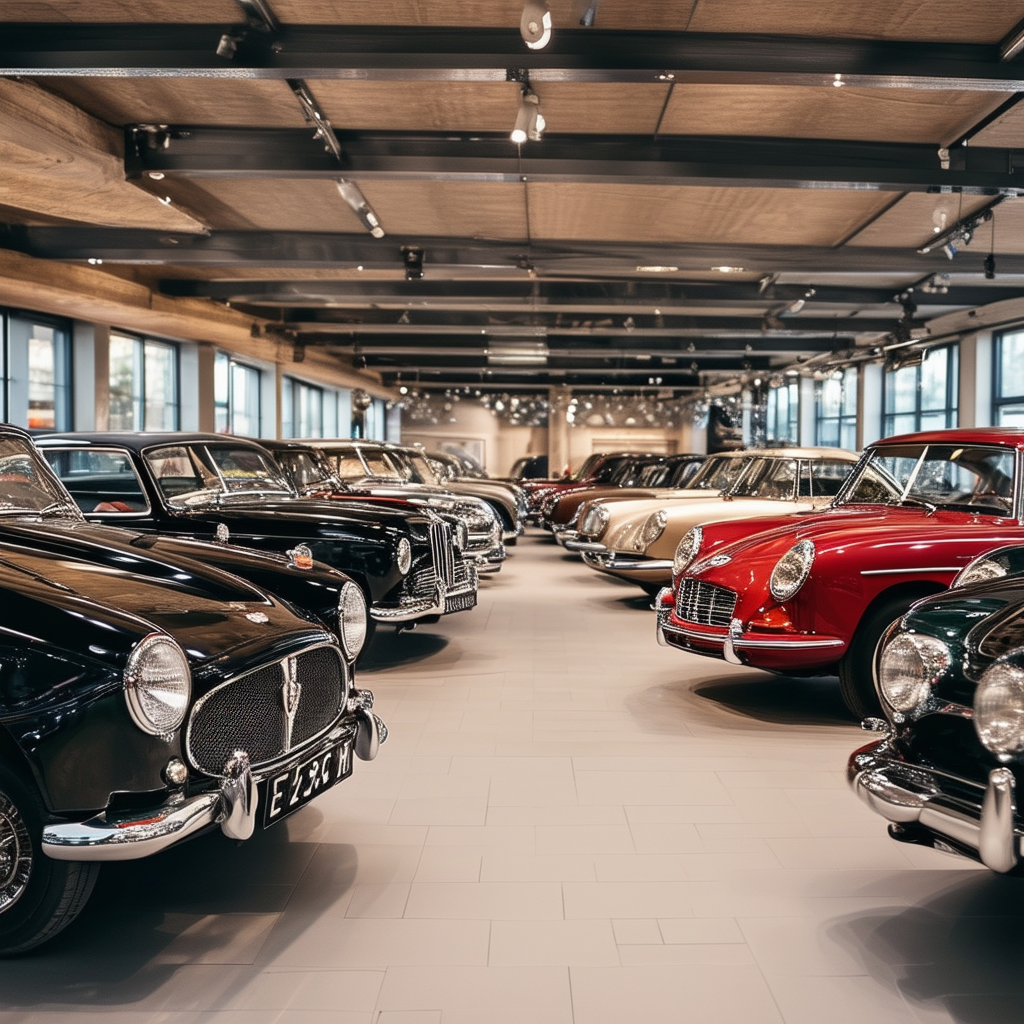 A vintage classic car showroom in Germany showcasi