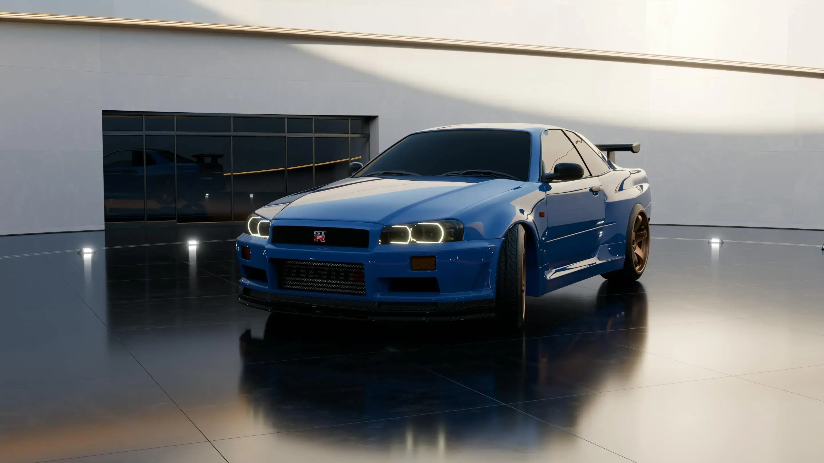 Blue Nissan Skyline R34 in Modern Showroom