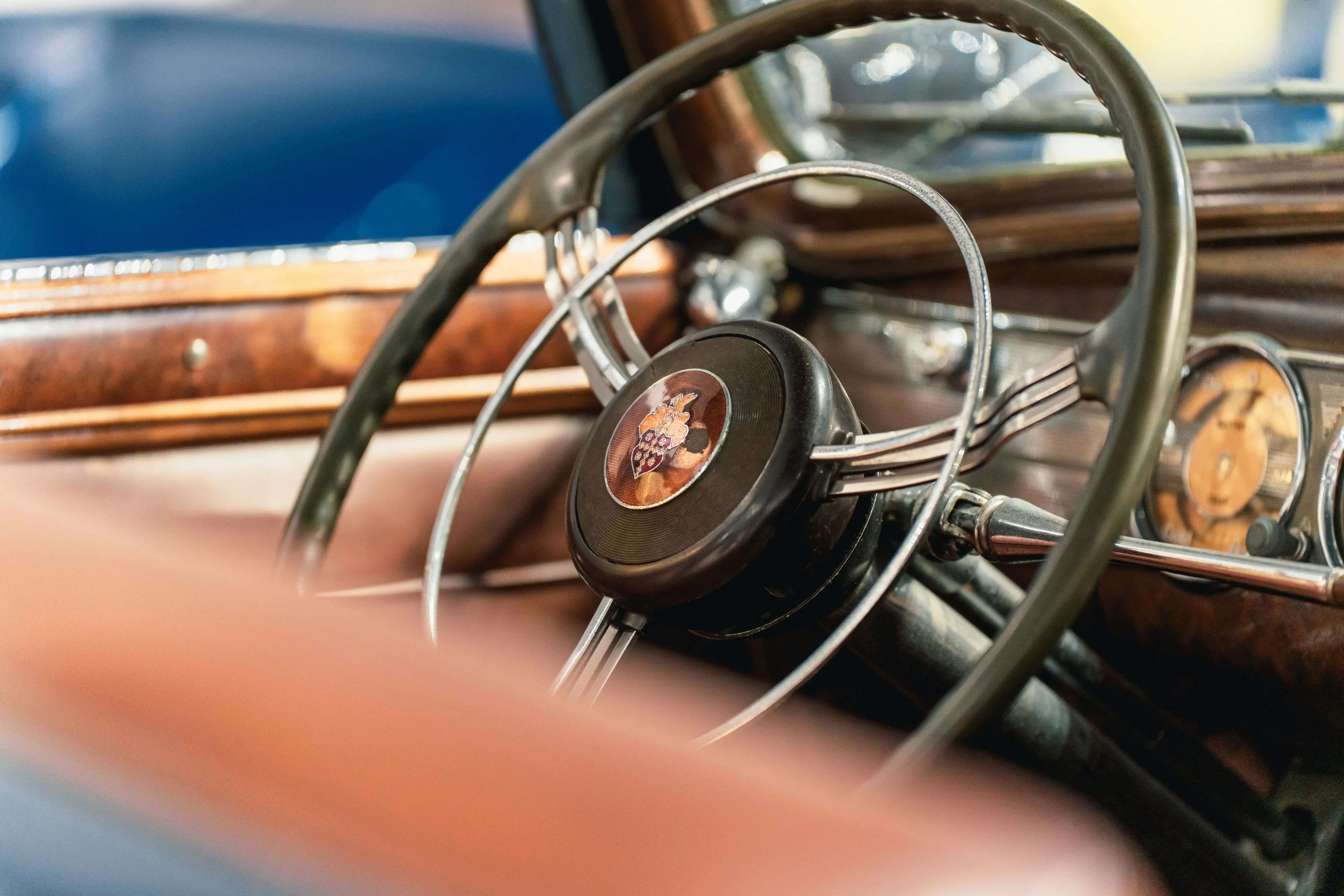 Vintage Car Interior with Classic Steering Wheel