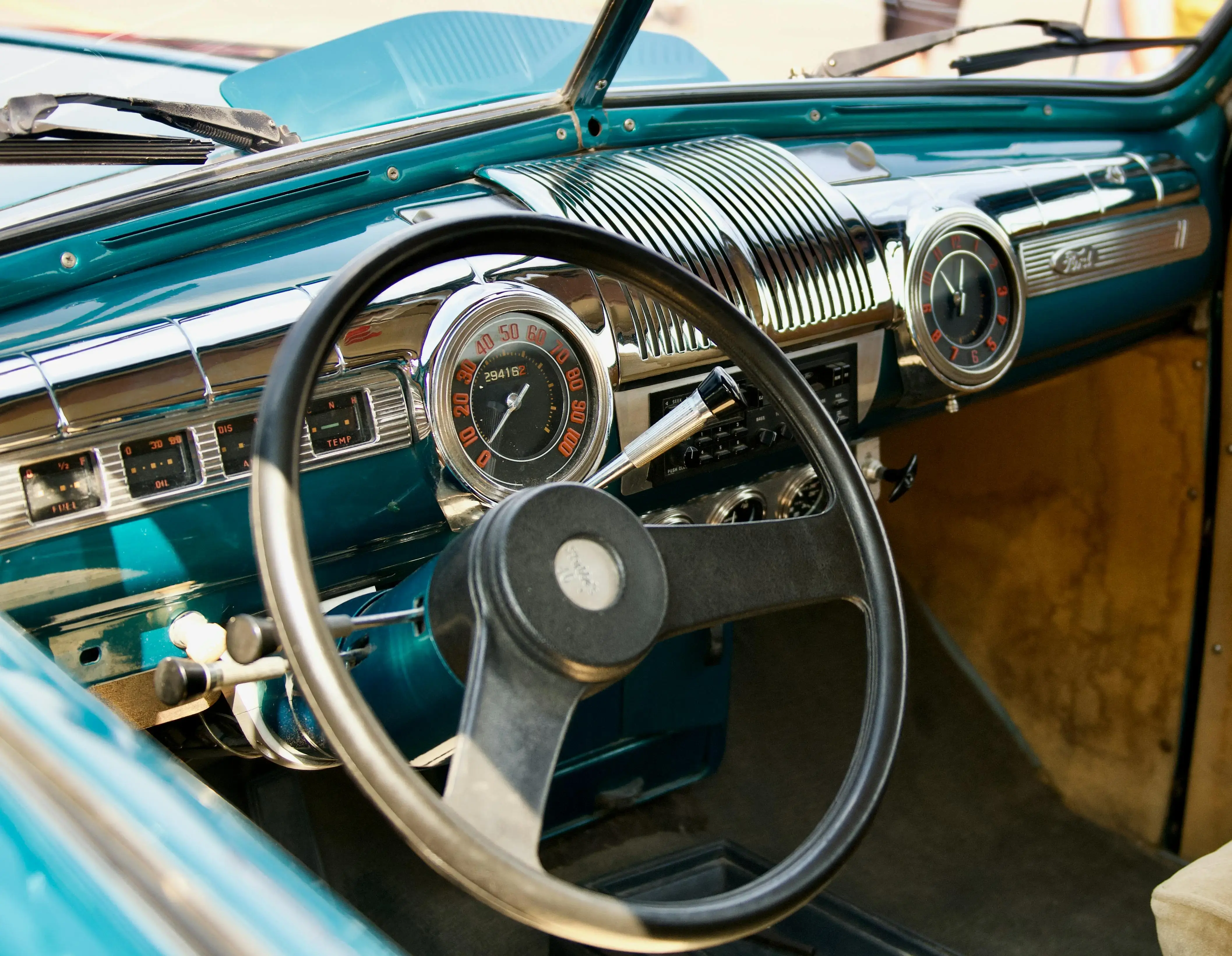 Vintage Car Dashboard with Classic Steering Wheel