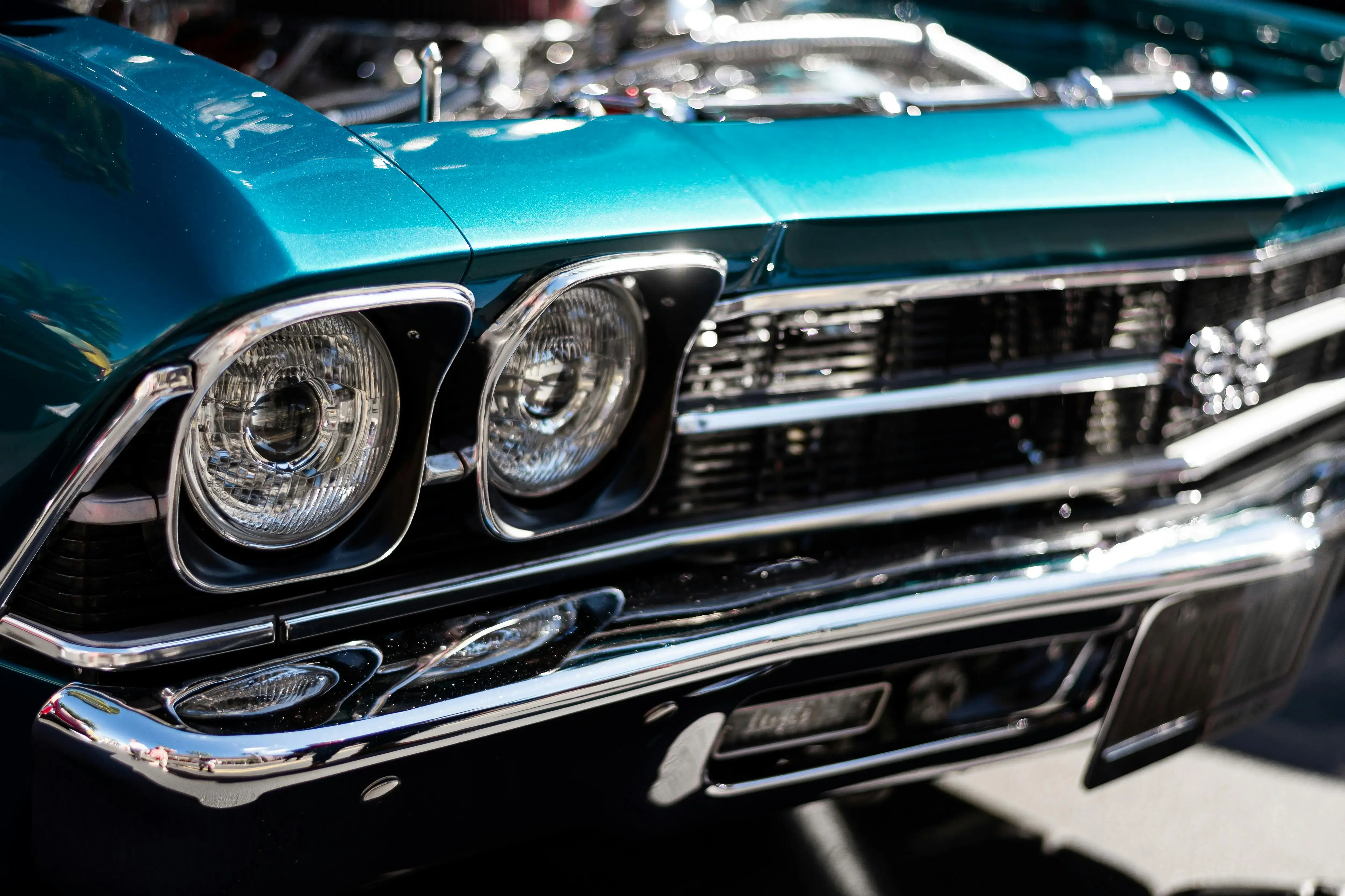 Close-up of a Blue, Vintage Chevrolet Chevelle