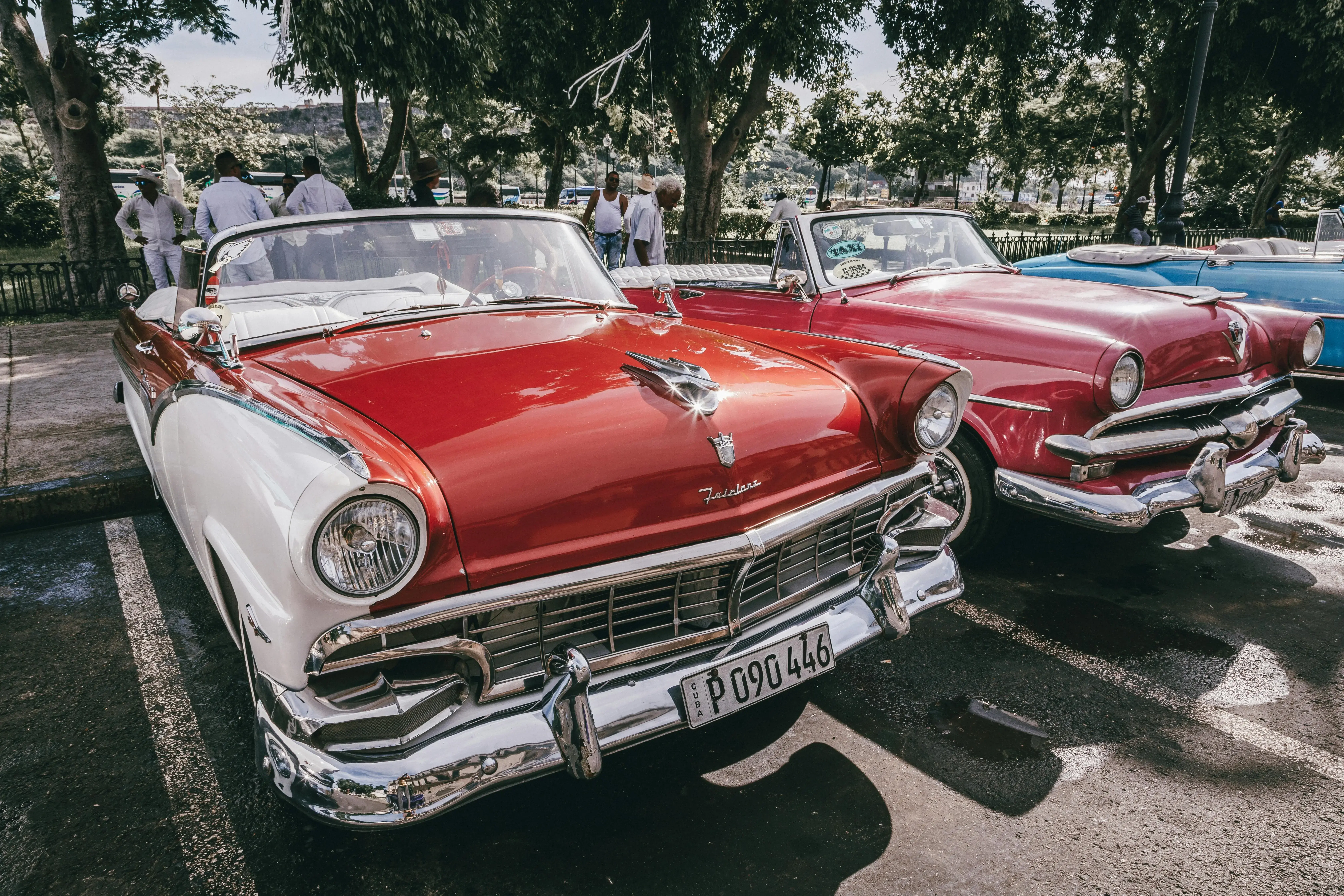 Red Vintage Convertible Ford Cars on a Parking Lot