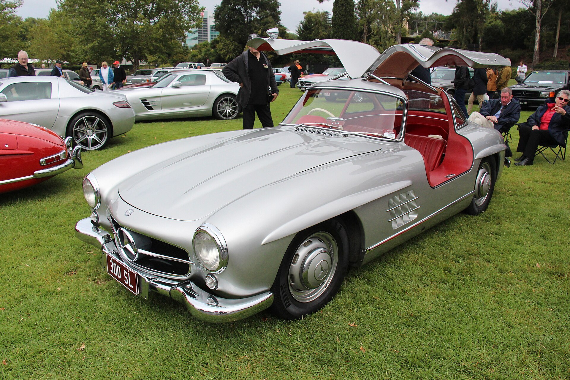 Silver 1956 Mercedes-Benz 300SL Gullwing with doors open